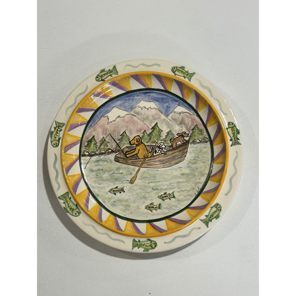 Hand Painted Fishing Dogs Decorative Ceramic Platter Trout Cabin Western Plate